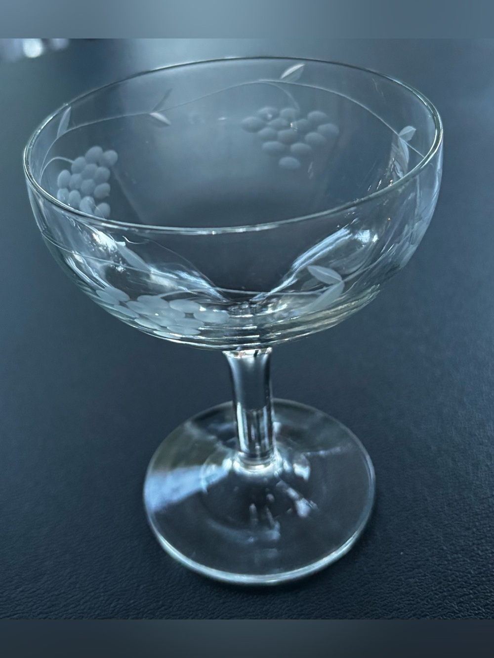 Vintage Etched Crystal Champagne Coupe Glass - Grape & Vine Motif